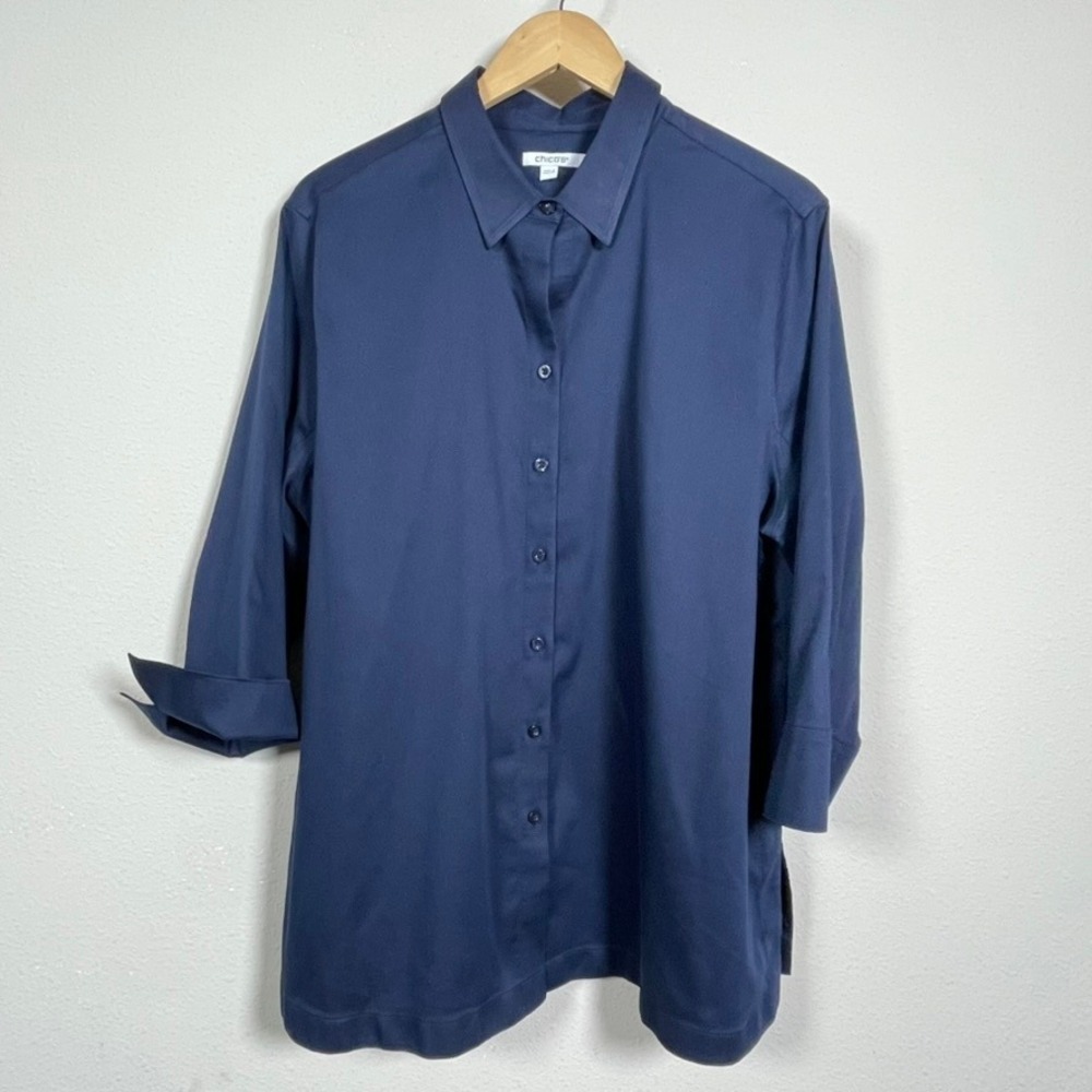 Chico's Button Down Shirt Women 18 Navy Blue Solid 3/4 Sleeve Collared Career